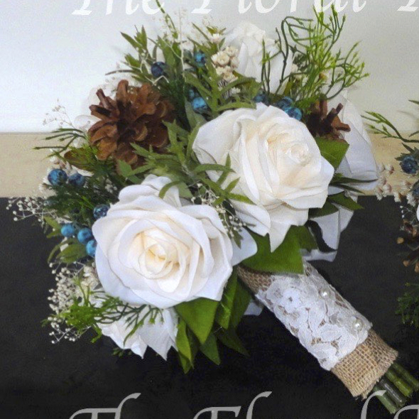 Cream Peony & Rose Bridesmaid Bouquet With Pine Cones 